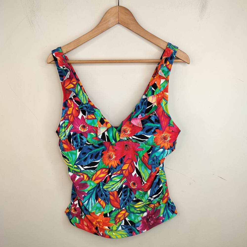 Chaps Tankini Top Size 12 Womens Vibrant Floral Ruffle Tropical Multicolor